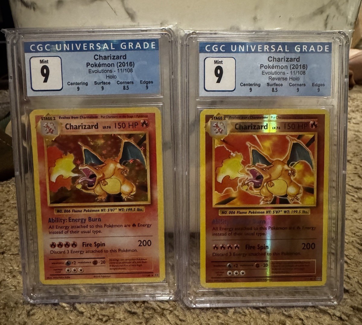 Pokémon TCG 2016 Charizard Evolutions 11/108 Holo + Reverse Holo CGC MINT 9 SET