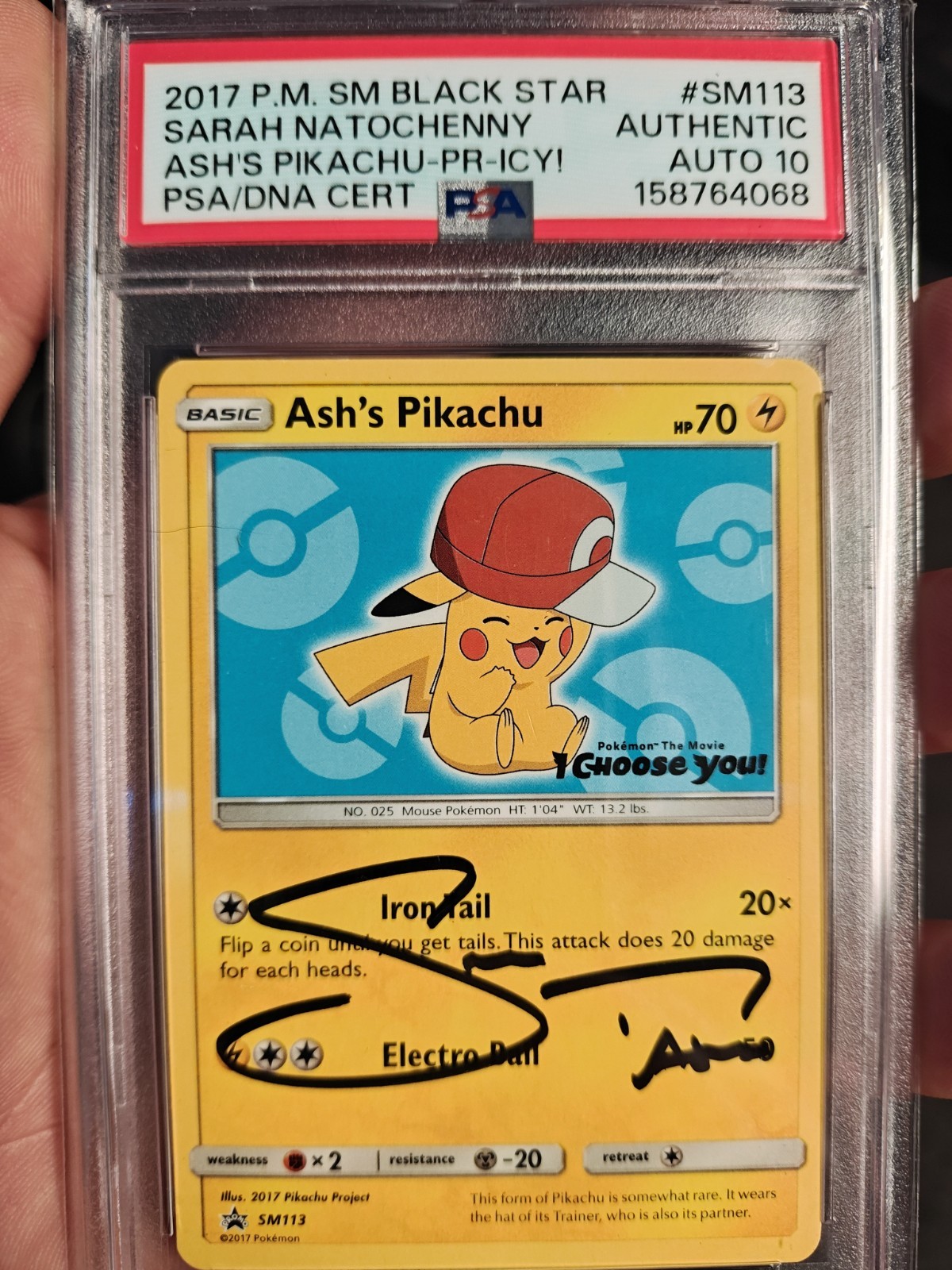 Ash’s Pikachu Sm113 Promo Authentic Sarah Natochenny Auto PSA 10 Gem Mint