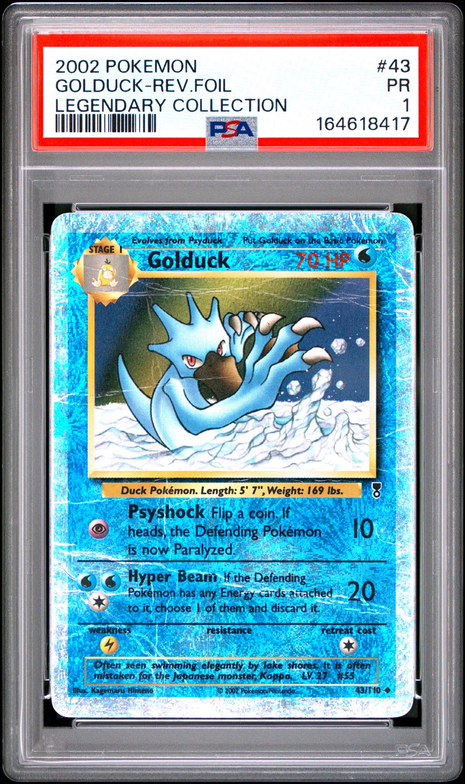2002 POKEMON LEGENDARY COLLECTION #43 GOLDUCK-REVERSE FOIL PSA 1
