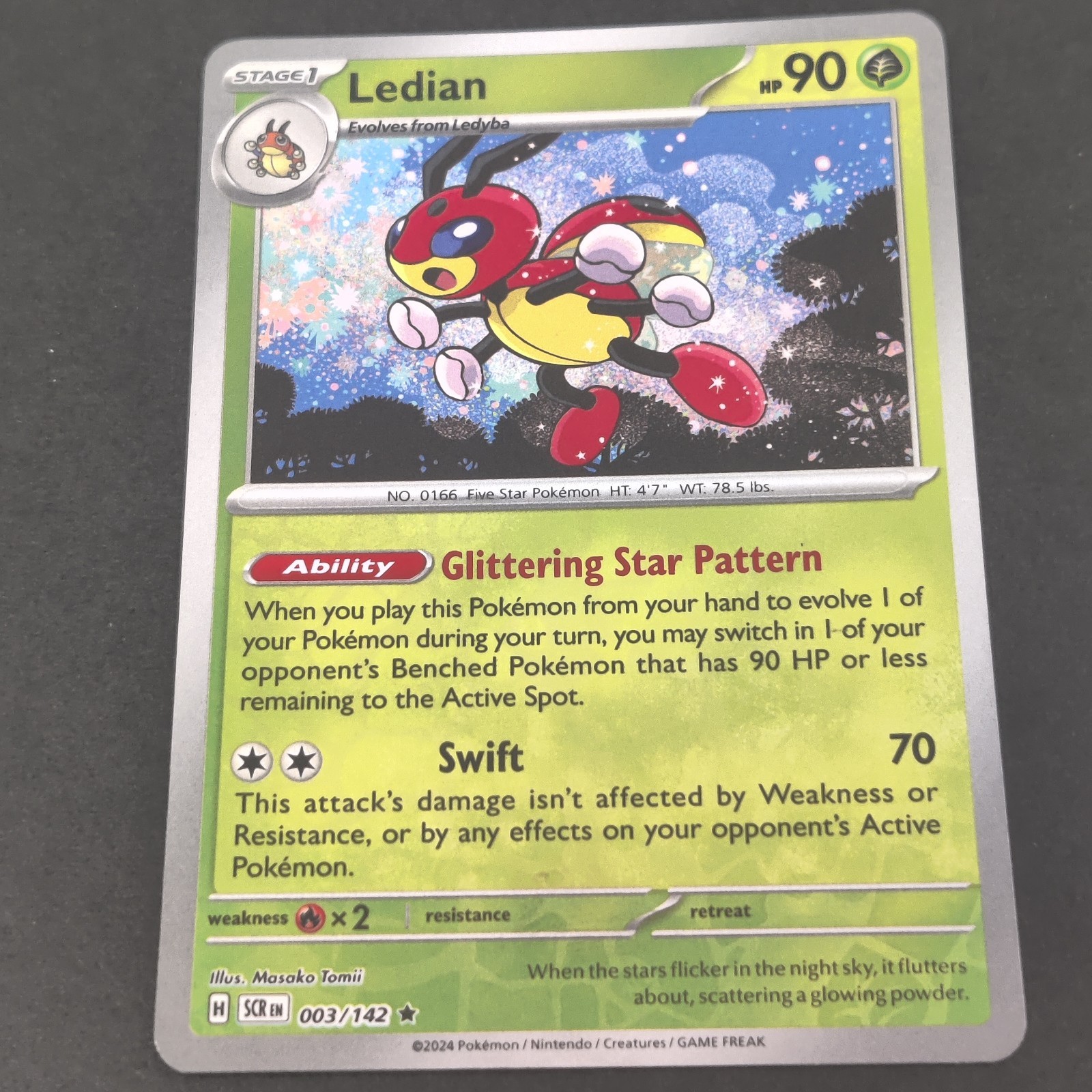 REVERSE HOLO Ledian 003/142 NM / M – Stellar Crown Pokemon Card Masako Tomii Art