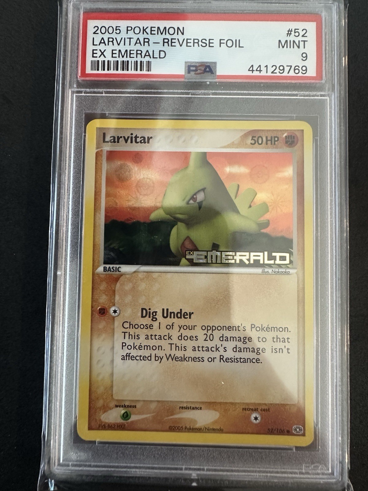 Larvitar 52/106 Emerald Reverse Holo PSA 9