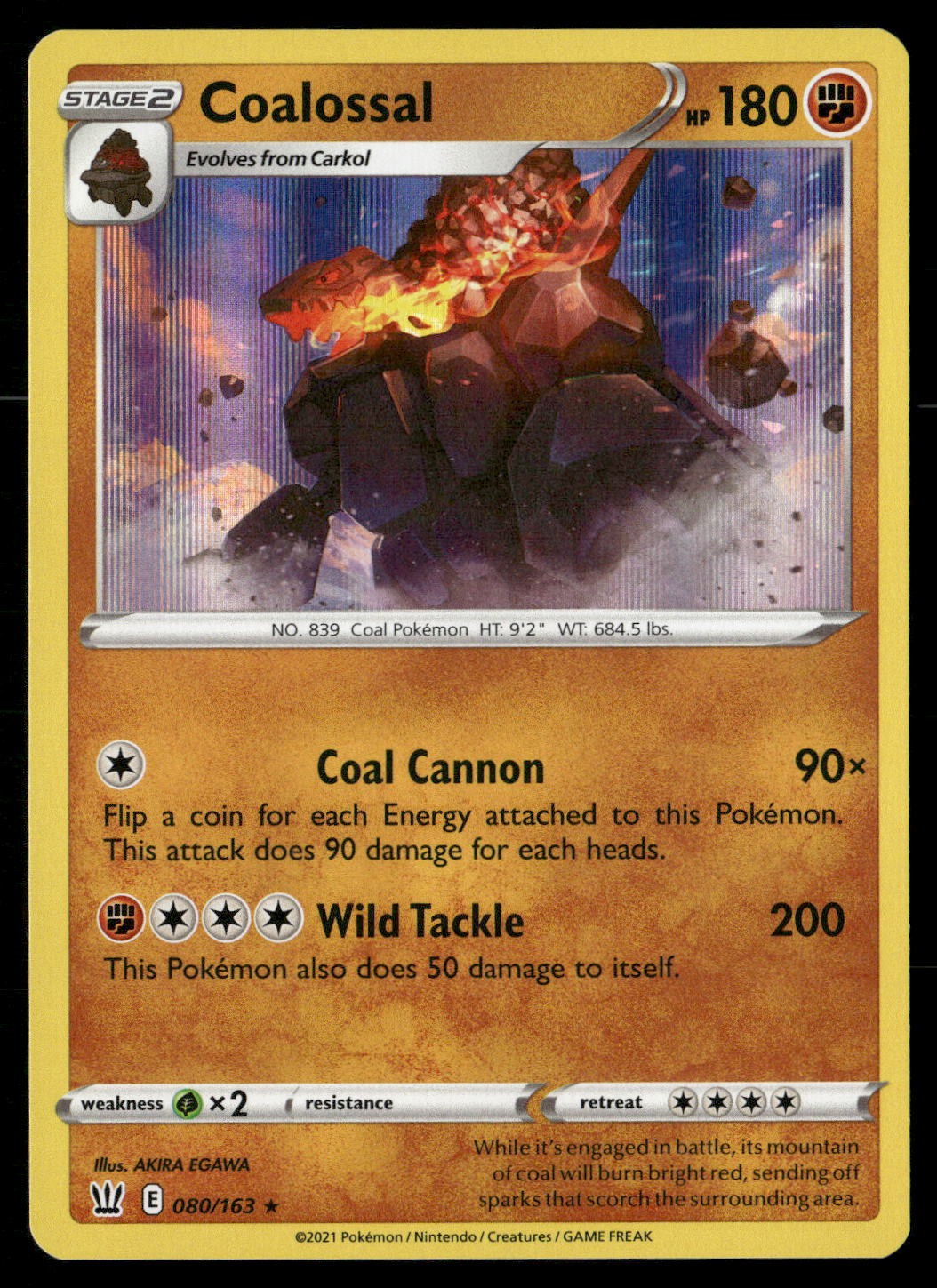 Coalossal 080/163 Holo Rare Battle Styles Pokemon Holo Near Mint