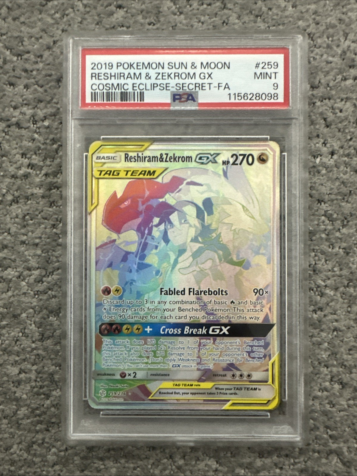 Pokemon Cosmic Eclipse Reshiram & Zekrom GX 259/236 Secret Rainbow Holo PSA 9