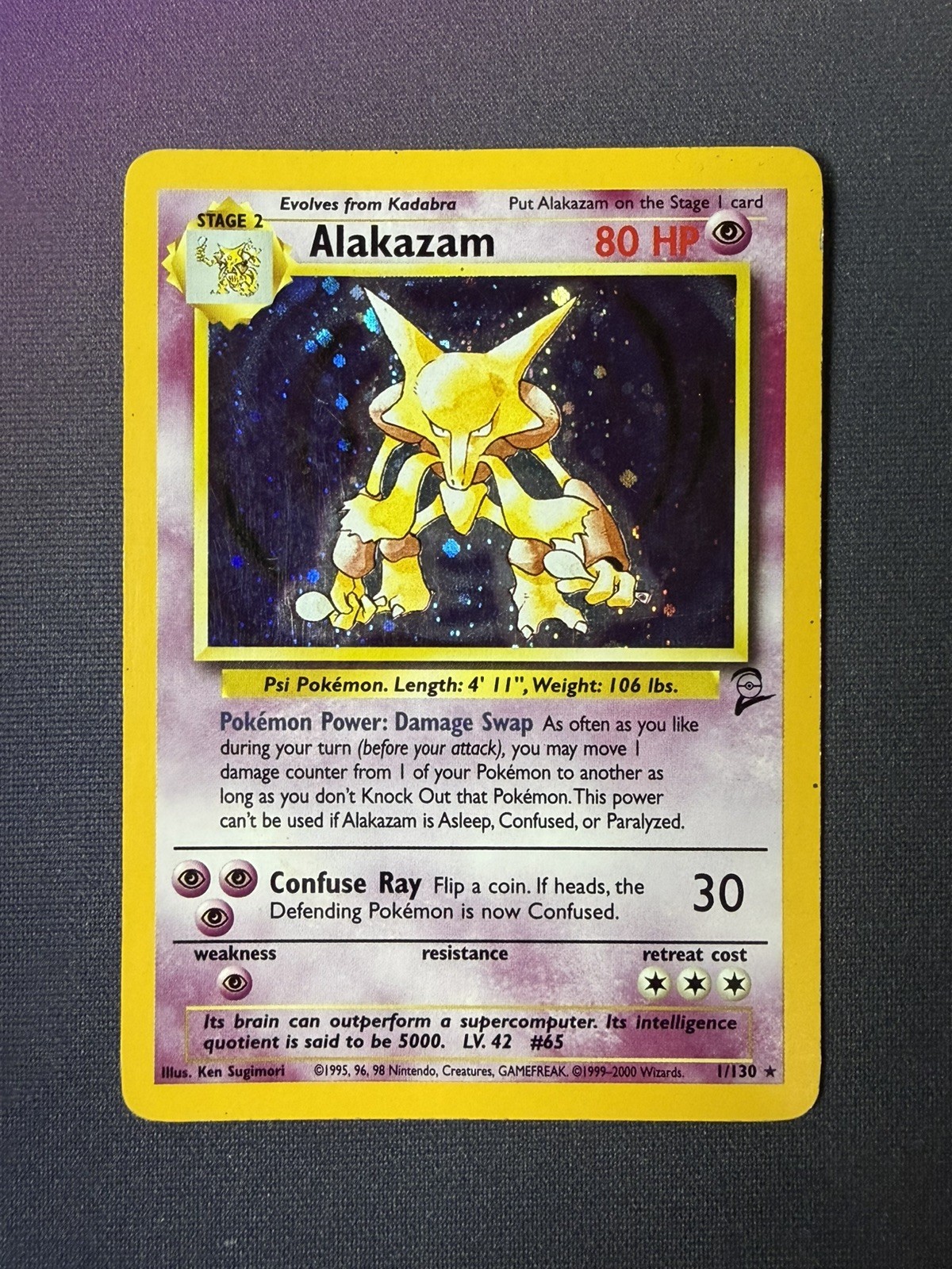 ALAKAZAM 1999 POKEMON BASE SET 2 HOLO RARE #1/130 MP