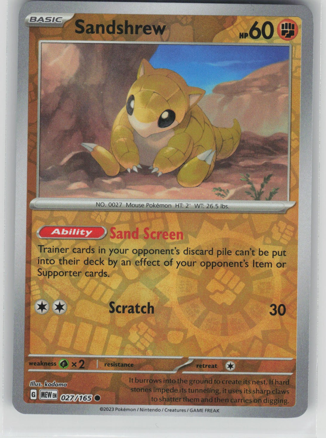 Pokemon Sandshrew Reverse Holo Common SV: Scarlet & Violet 151 027/165 NM