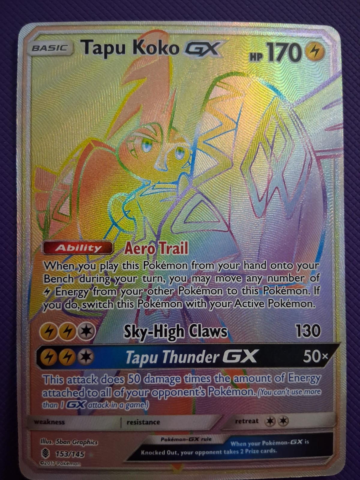 NM Tapu Koko GX 153/145 Secret Rainbow Rare Sun & Moon Guardians Rising Pokemon