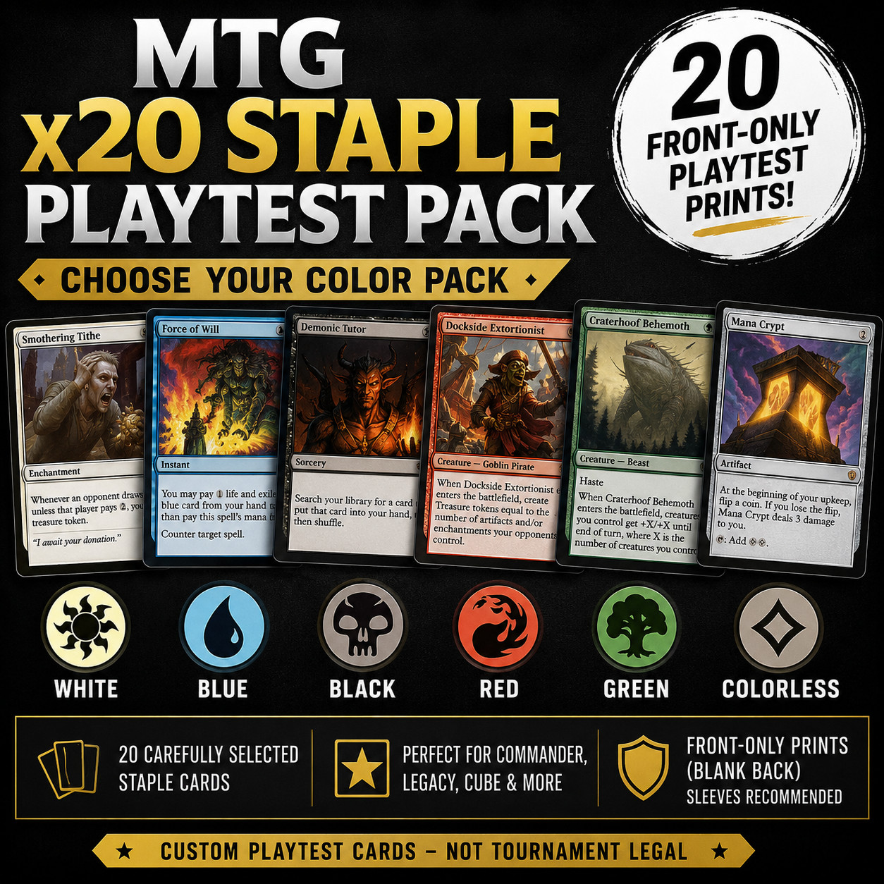 MTG x20 Staple Playtest Pack | Choose White Blue Black Red Green or Colorless