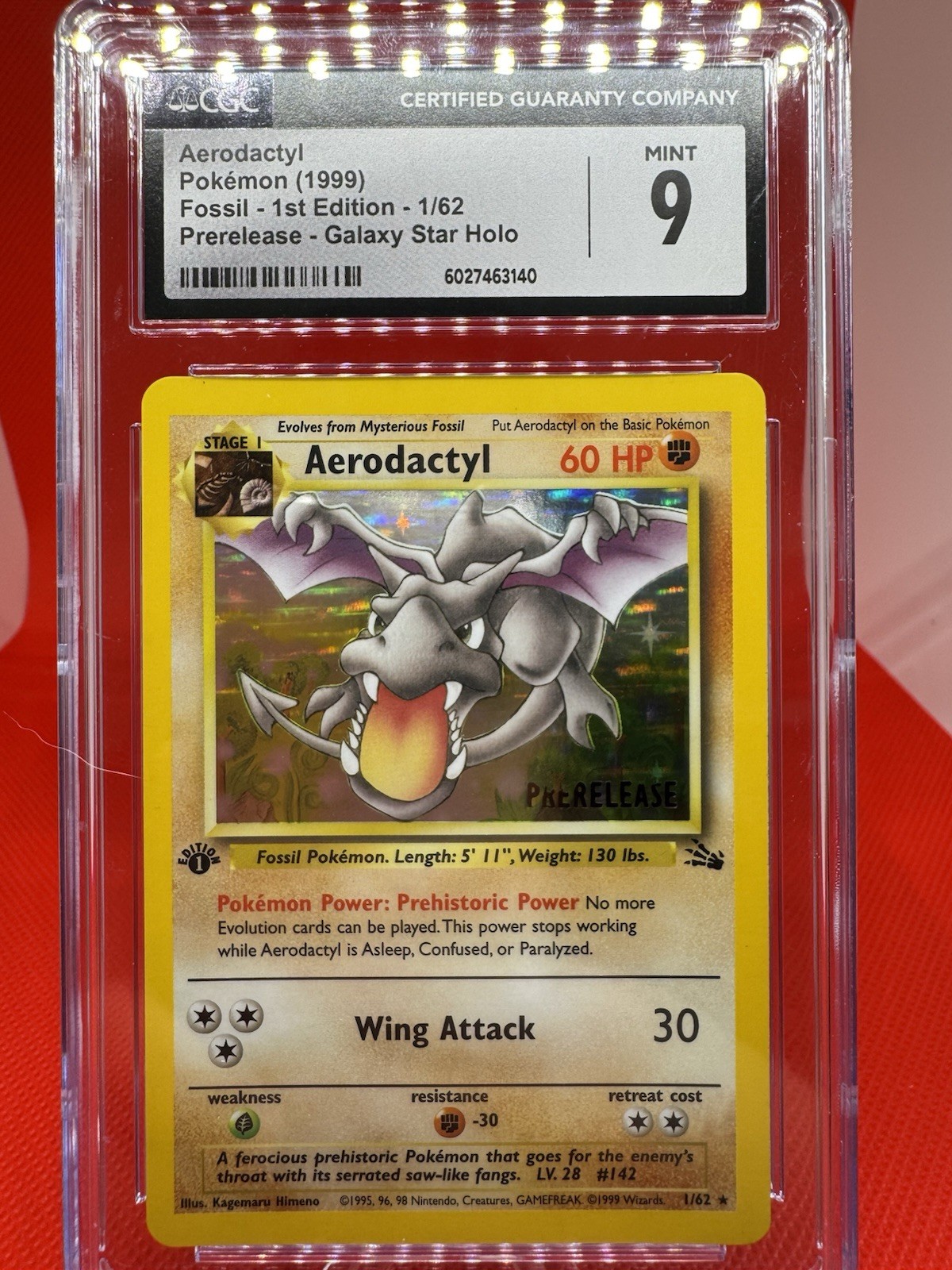 Galaxy HOLO Aerodactyl Prerelease 1/62 1st Edition Pokemon Fossil CGC 9 Stamped