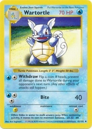 Pokémon TCG – Wartortle – 42/102 – Uncommon (Shadowless) – Base [Moderate Play]