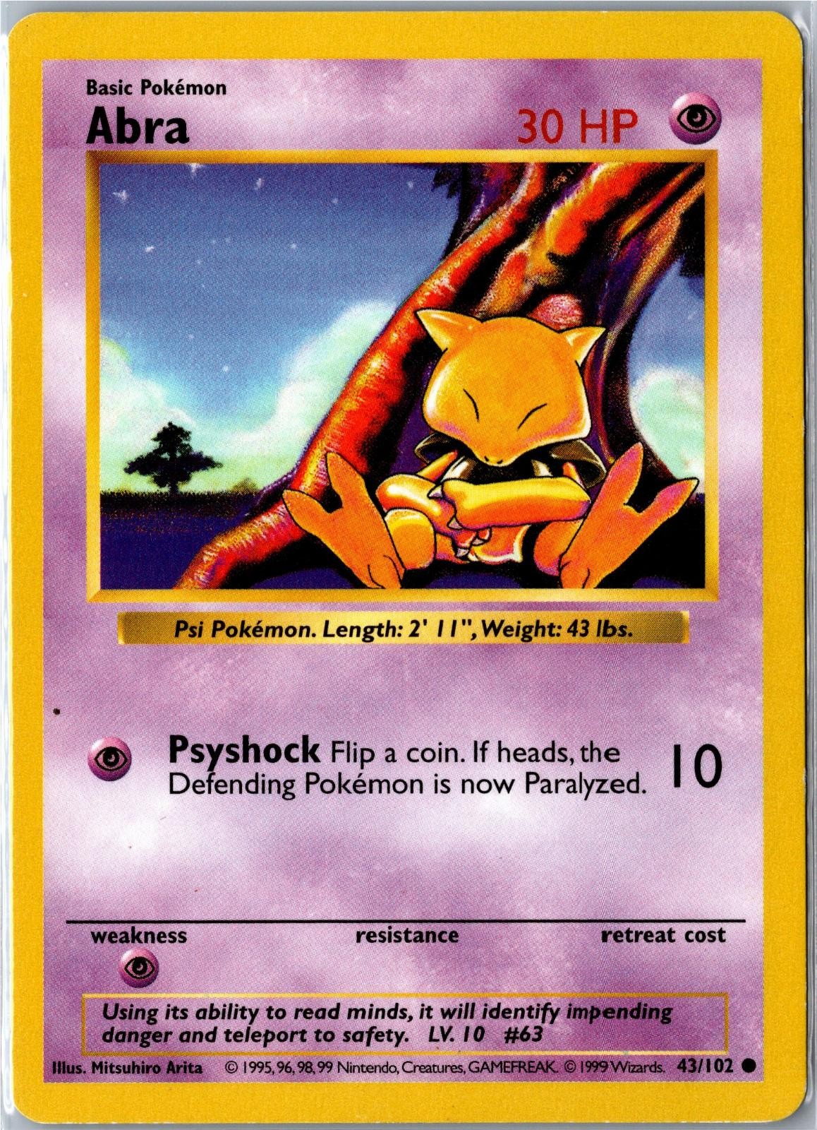 Pokemon Card – Abra Base Set Shadowless 43/102 1999 Common Heavily Played