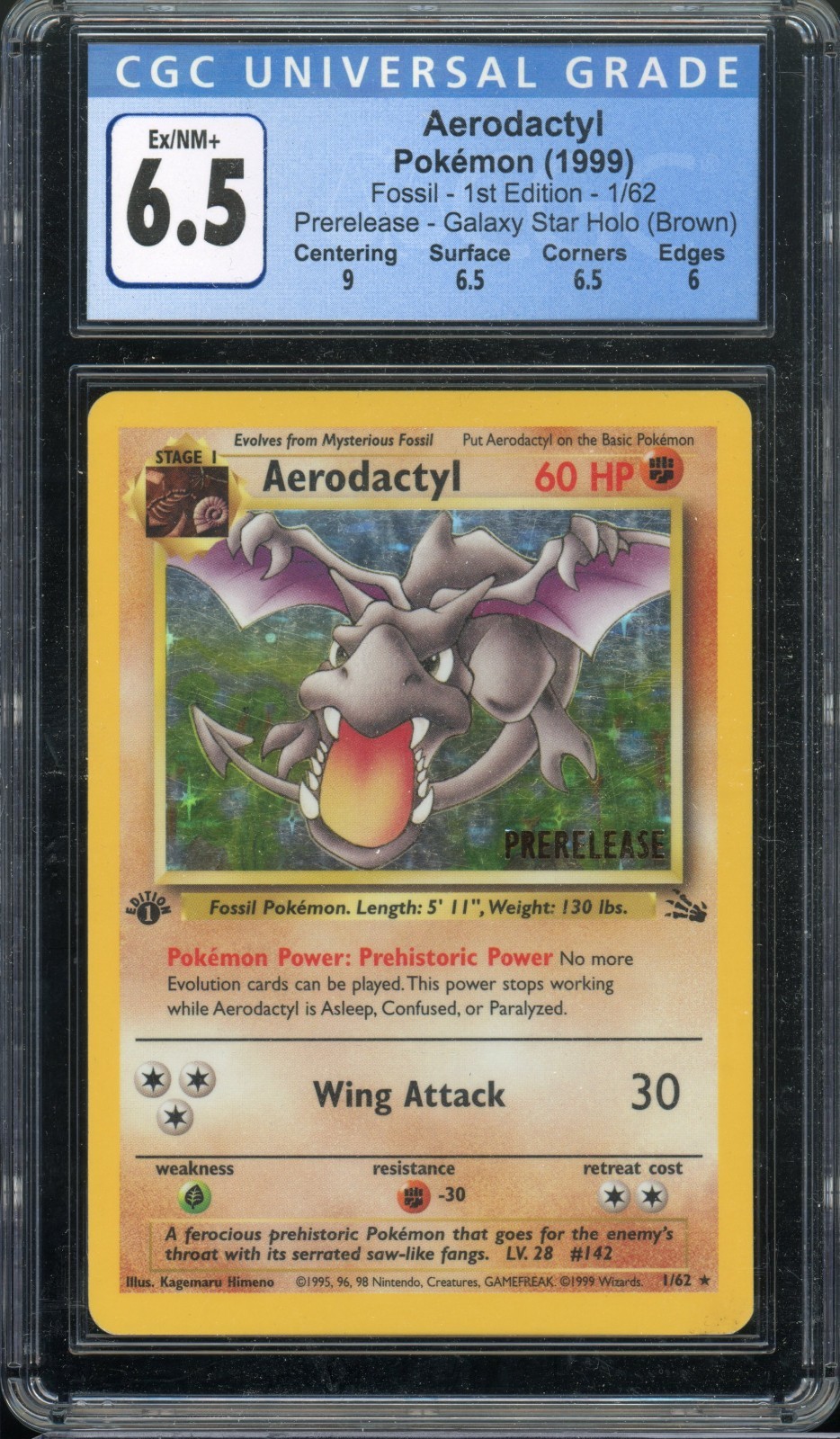 1999 POKEMON FOSSIL 1ST EDITION-PRERELEASE #1 AERODACTYL-HOLO CGC 6.5/W Subgrade