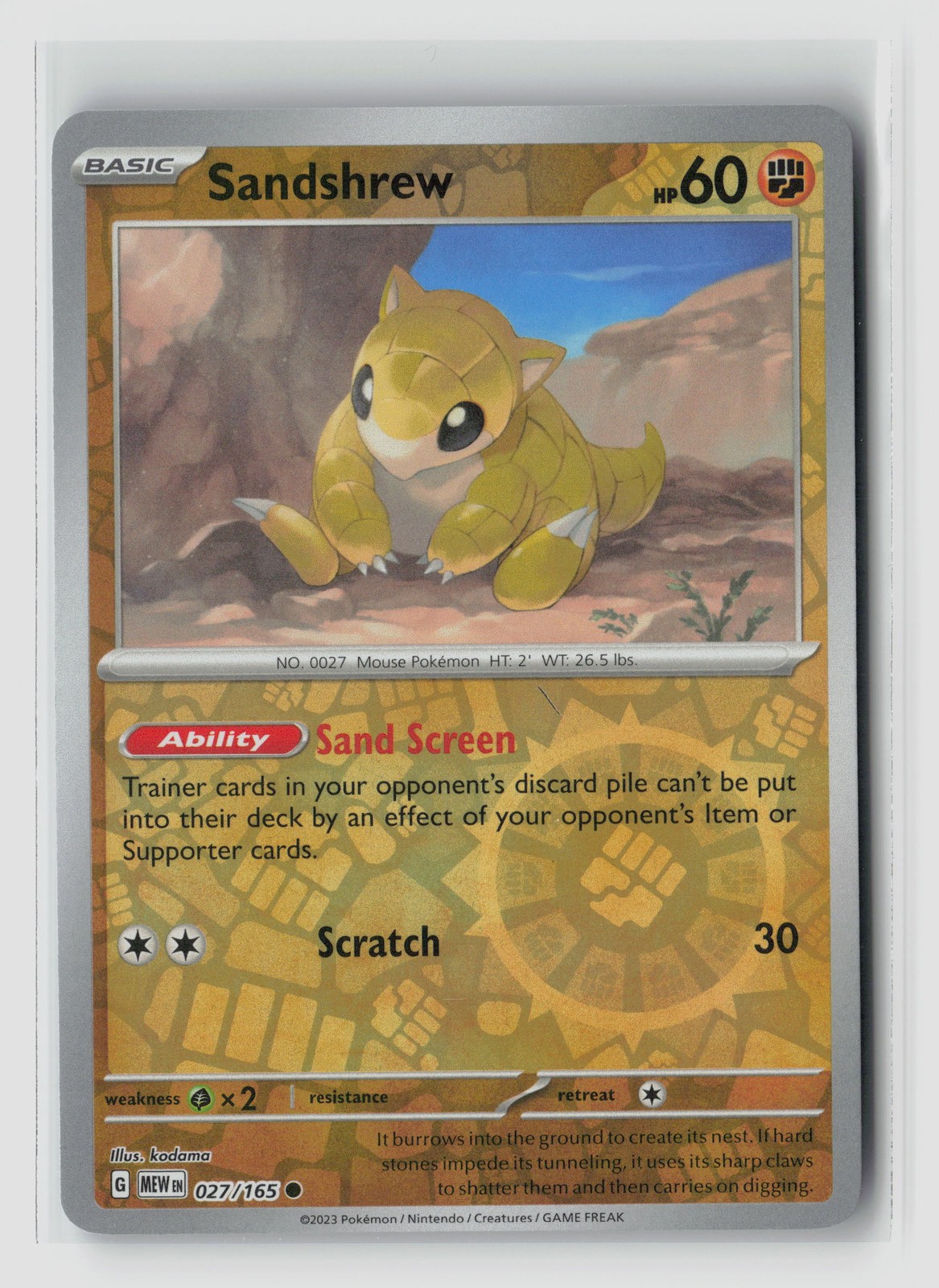 Sandshrew #027/165 Sv Scarlet & Violet 151 Common Reverse Holo Pokemon TCG LP
