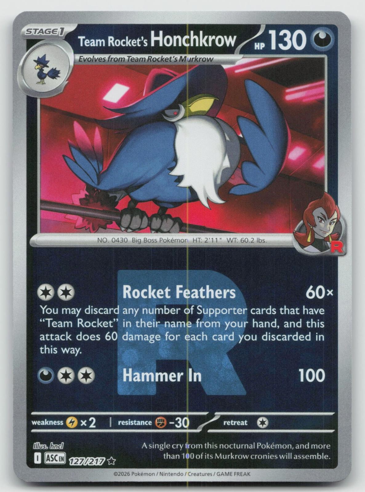 Team Rocket’s Honchkrow 127/217 ASC Reverse Holo 🔥B2G1 Coupon🔥 NM