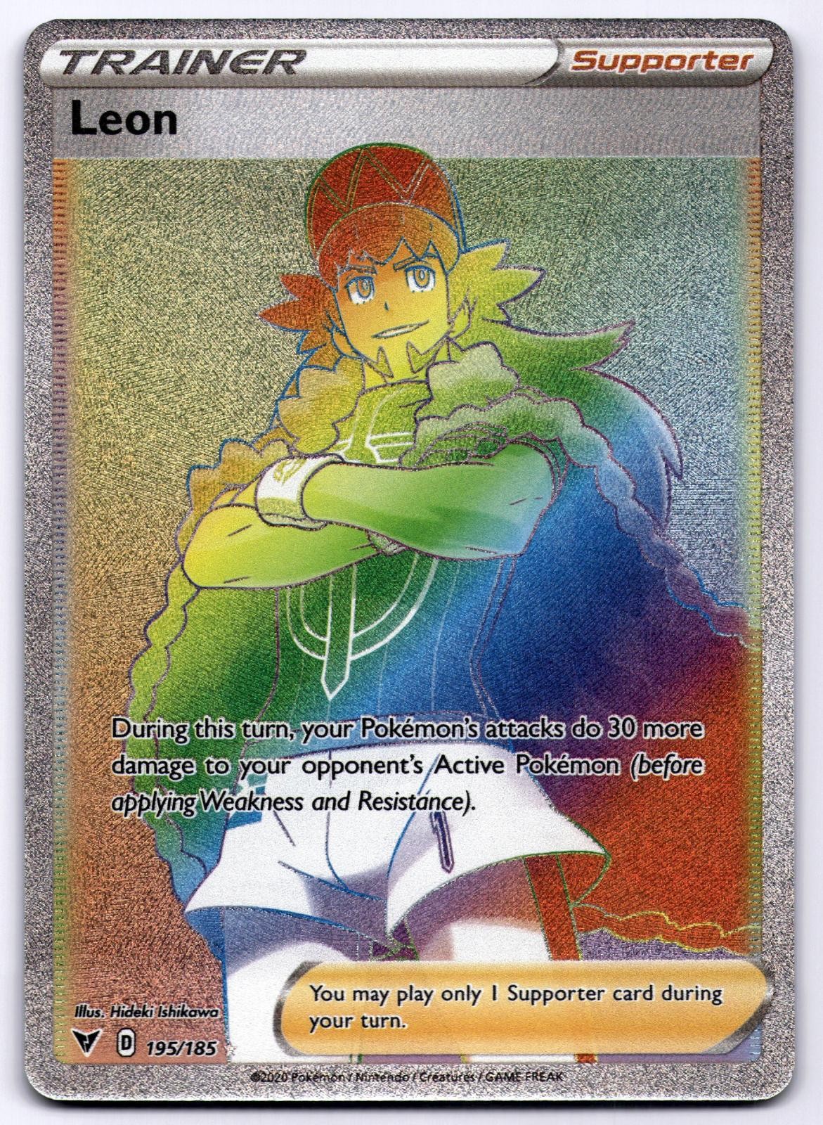 Leon 195/185 Vivid Voltage Rainbow Rare 2020 Pokemon Holo Hideki Ishikawa NM
