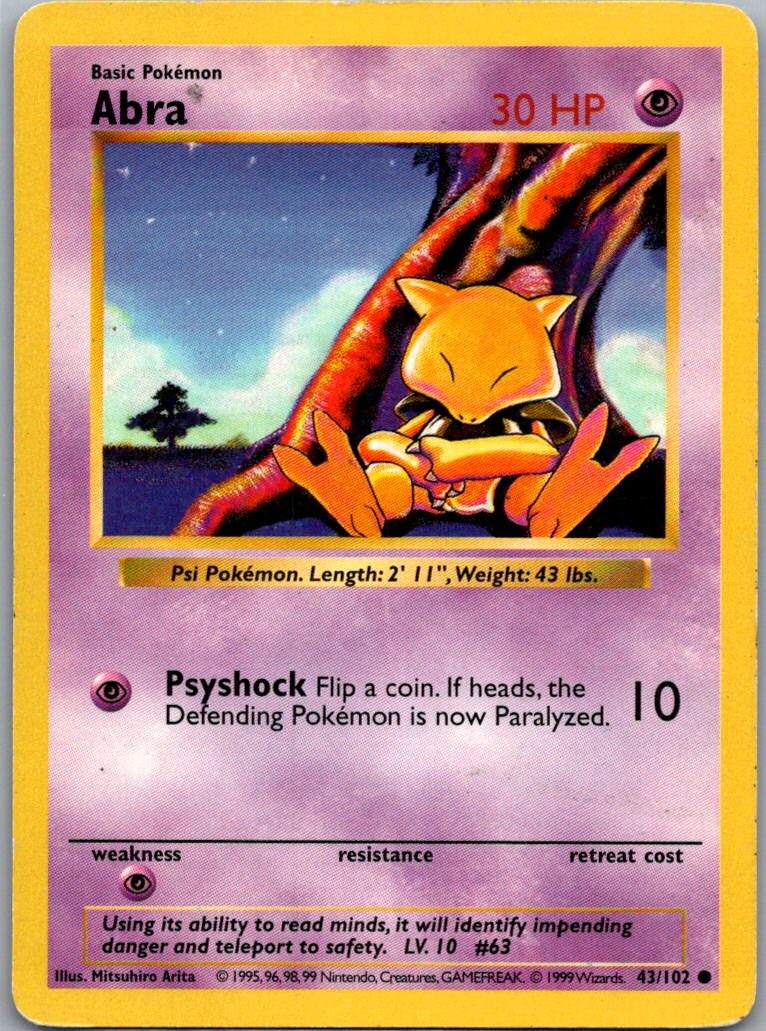 Abra 43/102 Base Set Shadowless Common Unlimited Pokemon