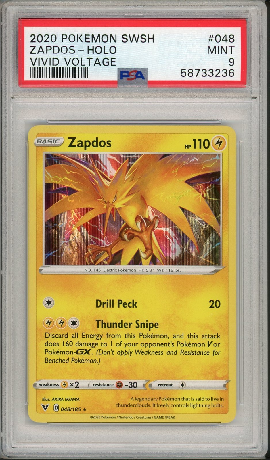 2020 Pokemon SWSH Vivid Voltage Zapdos Holo #048 PSA 9