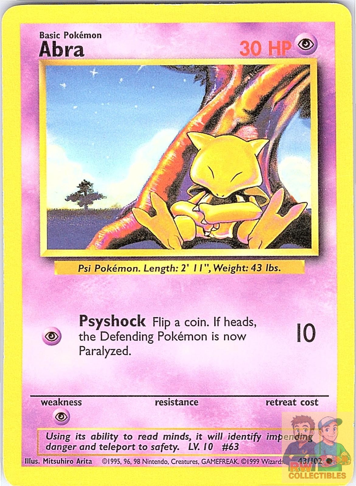 Abra 43/102 Common Base Set Unlimited Pokemon Moderately Played