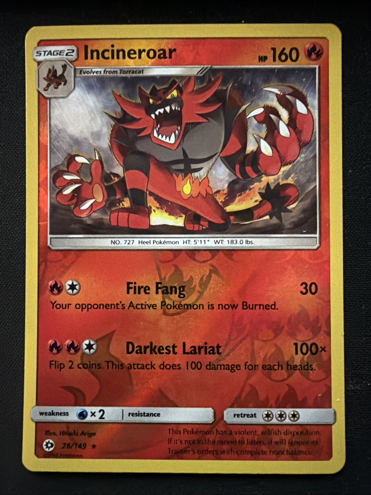 Incineroar – Reverse Holo Rare – 2017 Pokemon Sun and Moon 26/149