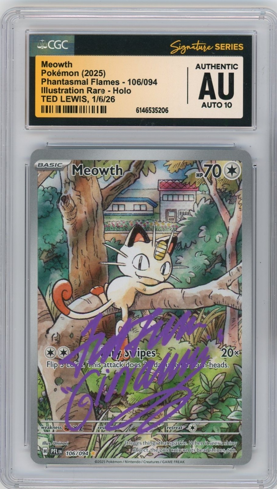 CCG Authentic Auto 10 Autographed Ted Lewis Meowth IR 106/094 Phantasmal Flames