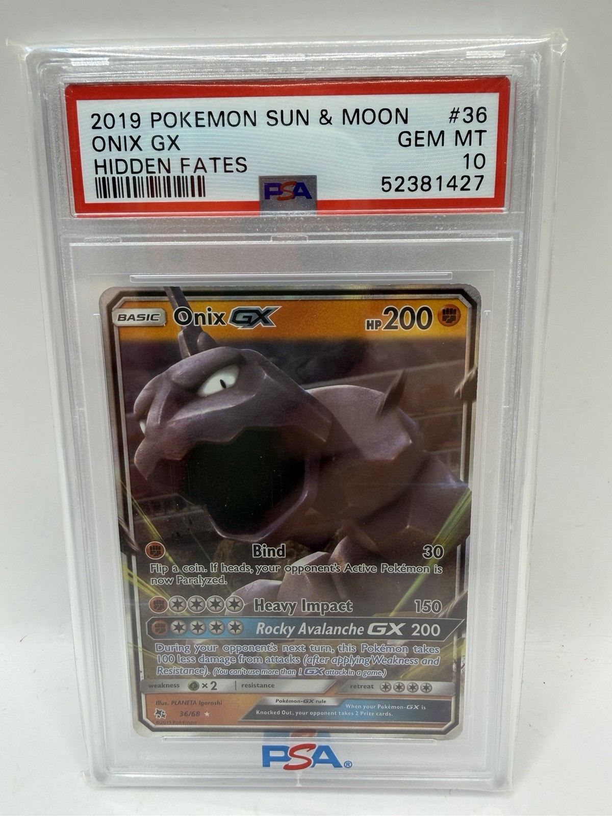 2019 Pokemon Sun & Moon Hidden Fates Onix GX 36/68 PSA 10