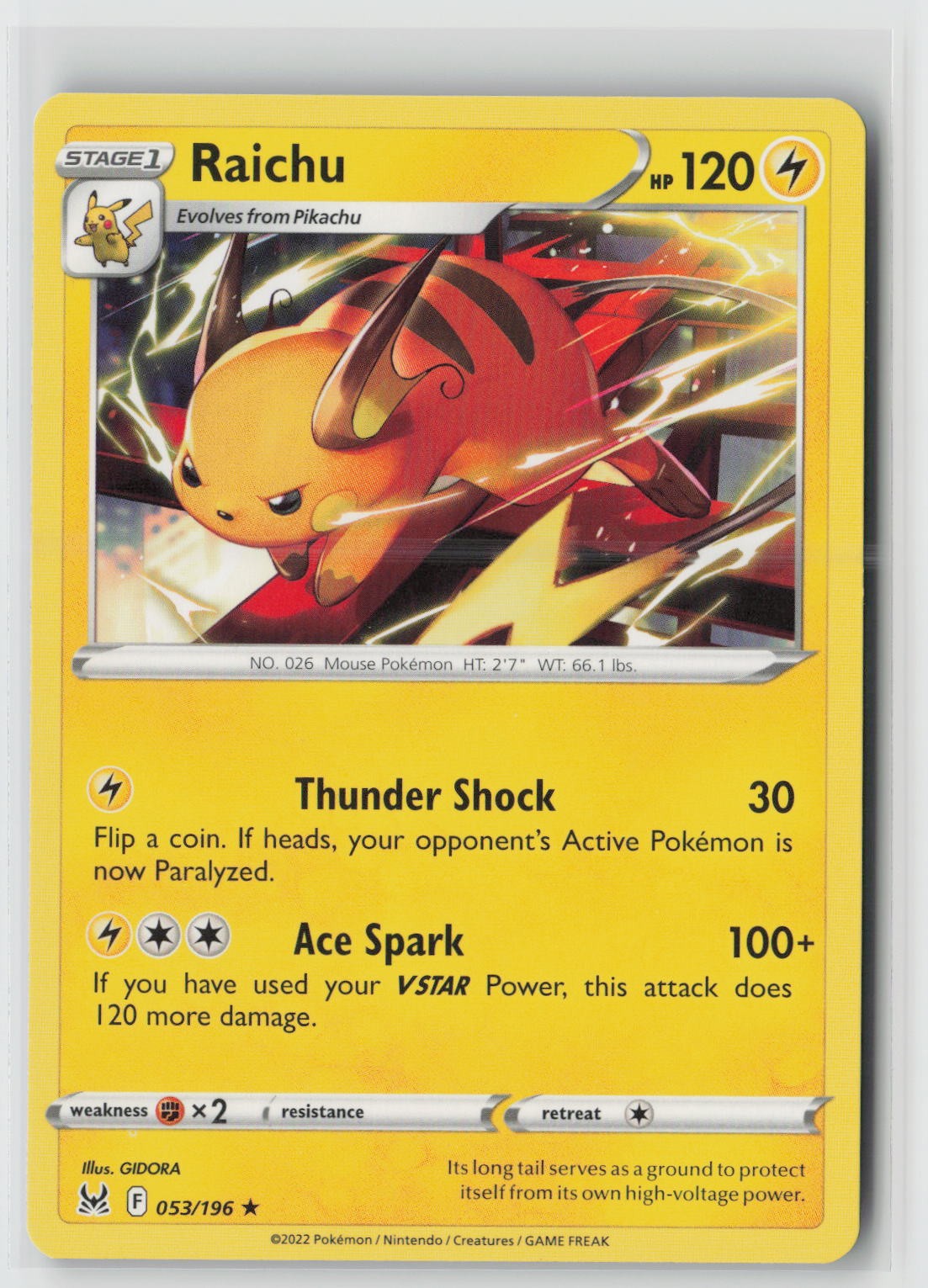 Raichu Rare SWSH11: Lost Origin 053/196 NM