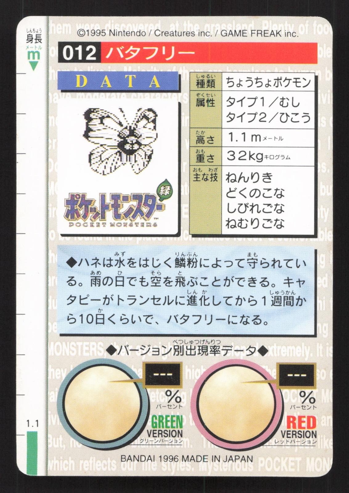 Butterfree NO. 012 Bandai Carddass Series 1-2 G LP Japanese Pokemon Card TCG