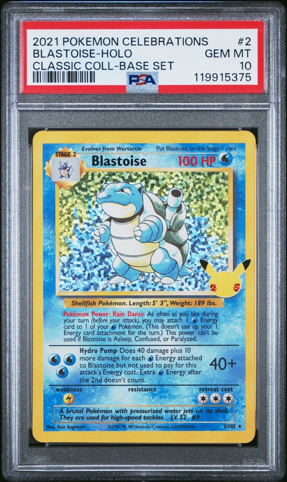 Pokemon Blastoise Holo Celebrations Classic Collection 2/102 PSA 10 Gem Mint