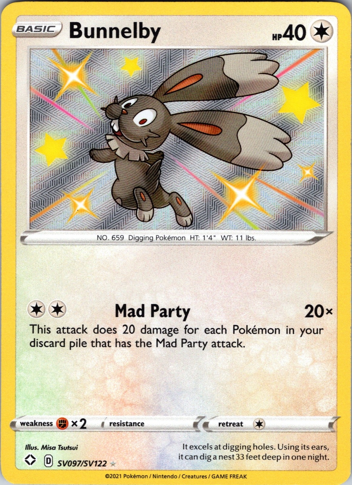 Pokémon TCG Bunnelby Shining Fates SV097/SV122 Holo Shiny Holo Rare NM
