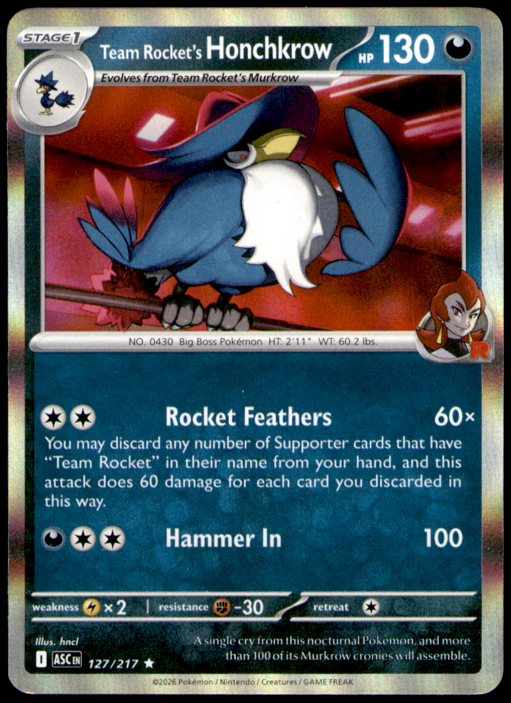 Team Rocket’s Honchkrow ME: Ascended Heroes 127/217 Holo NM hncl