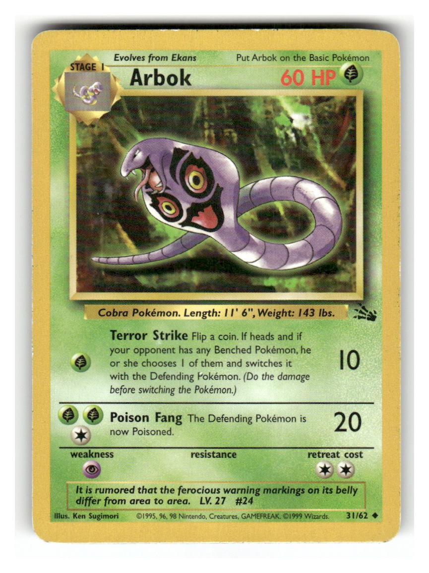 Arbok 31/62 Uncommon Fossil Pokemon Unlimited Moderately Played