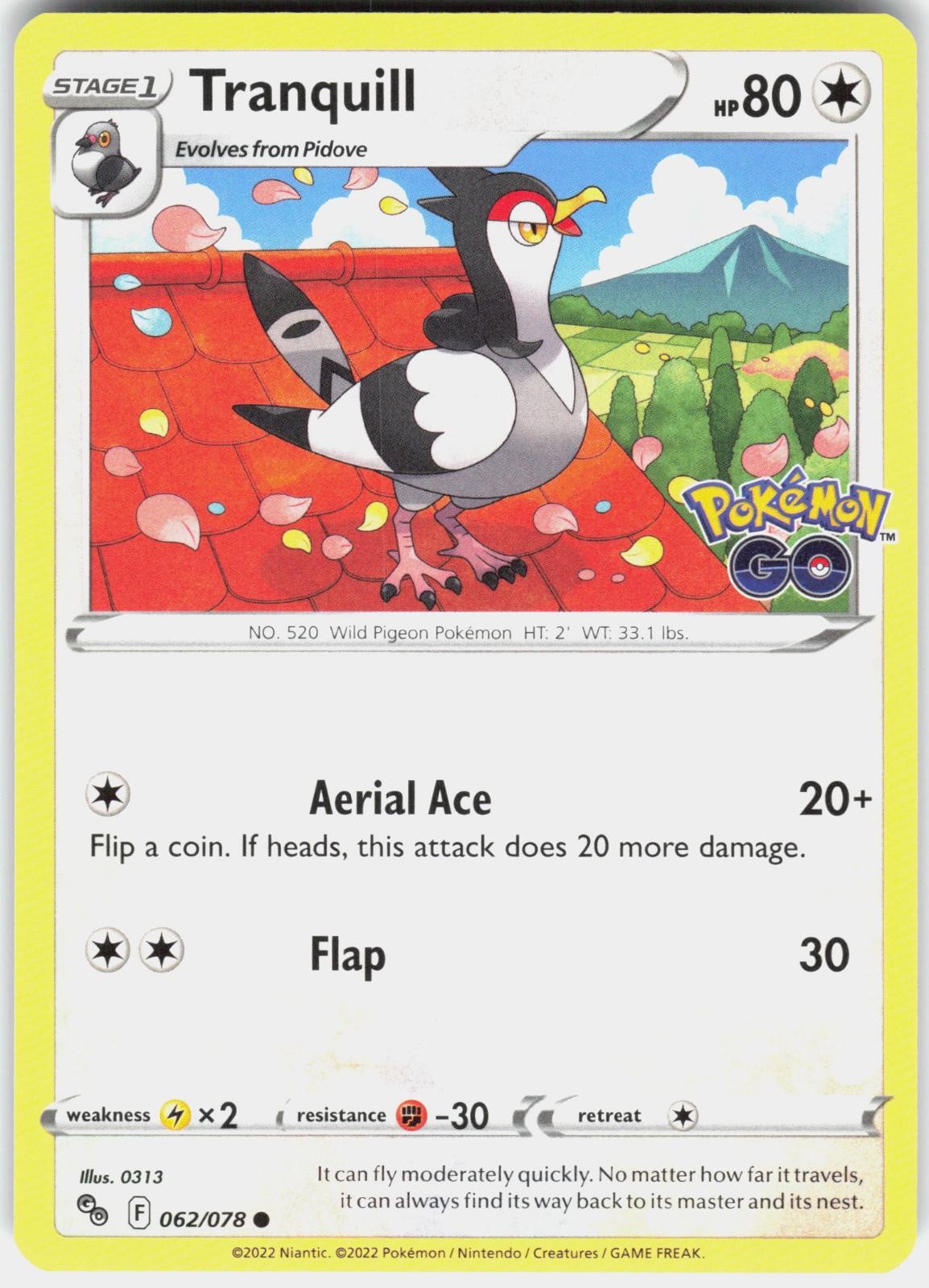 Tranquill 062/078 Common Pokemon GO Pokemon Lightly Played
