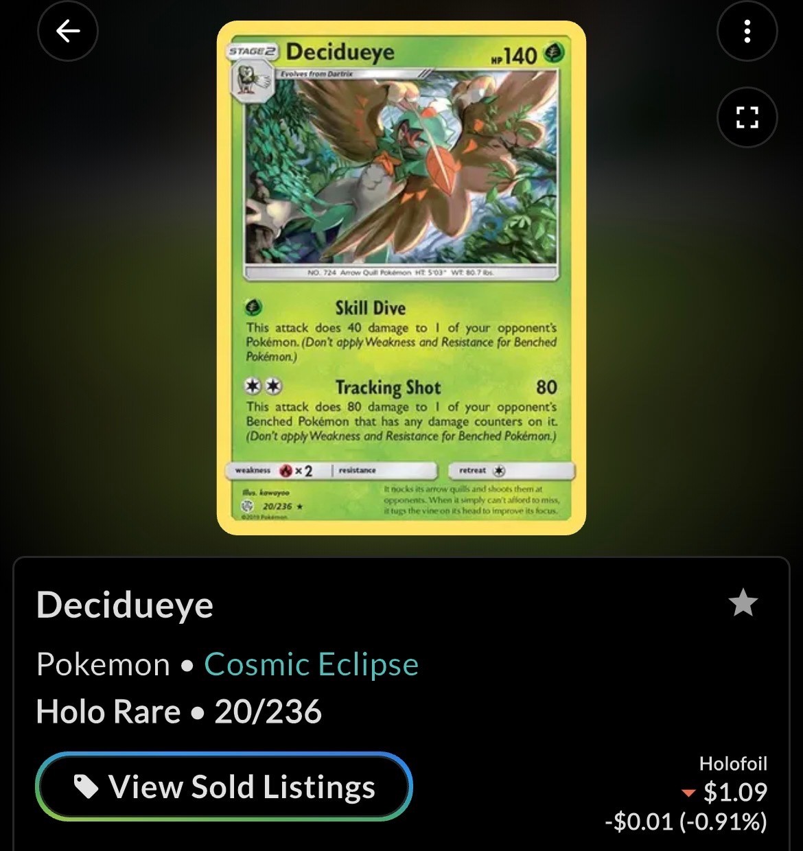 Decidueye 20/236 Holo Rare Cosmic Eclipse Pokemon Holo Lightly Played
