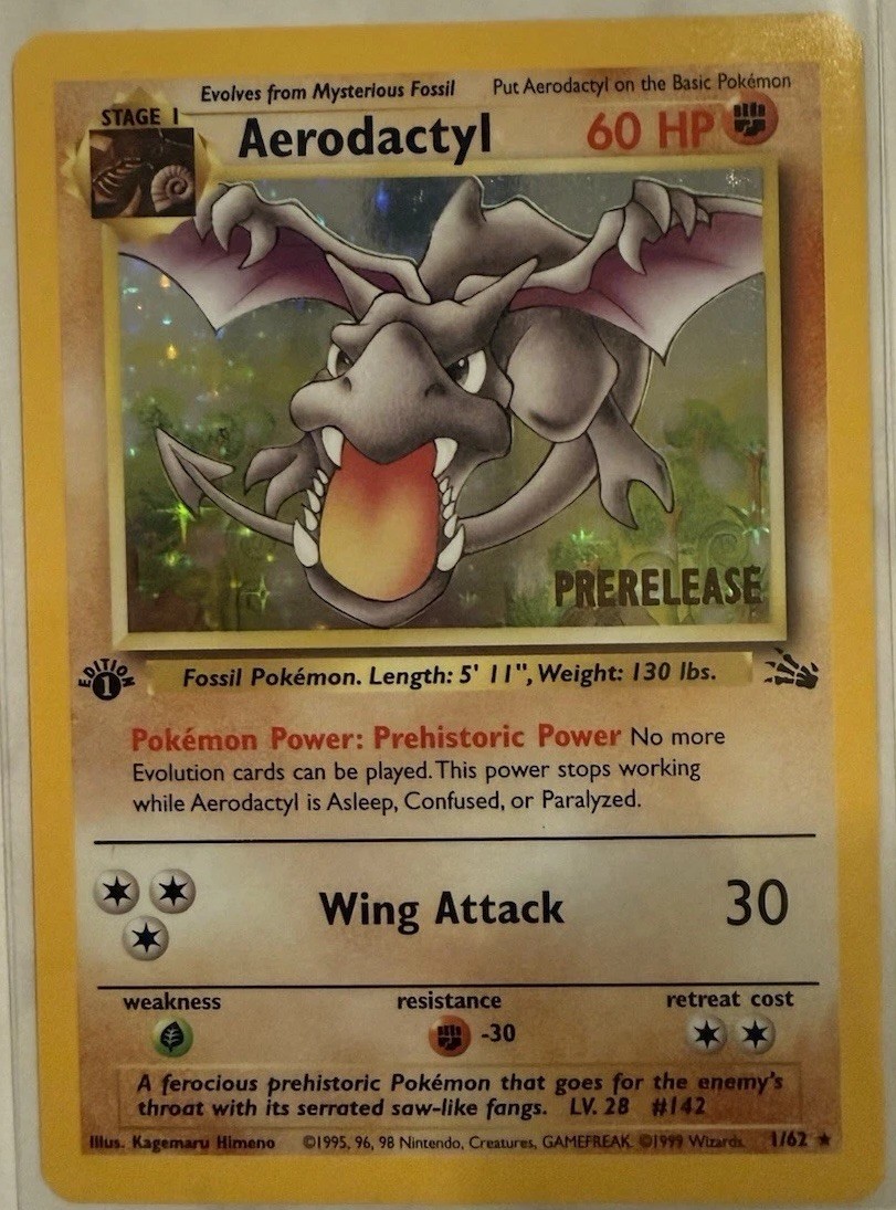 Pokémon Prerelease Aerodactyl #1/62 Holo Rare – 1st Edition Fossil – MP
