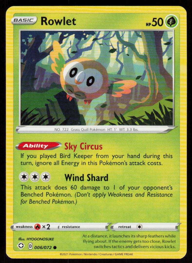 Rowlet 006/072 Common Shining Fates Pokemon Near Mint