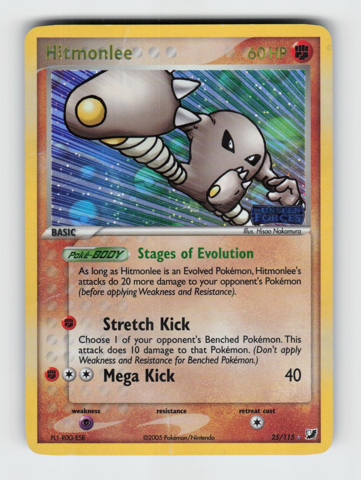 Hitmonlee 25/115 Reverse Holo Rare Unseen Forces Pokemon 2005 Heavily Played