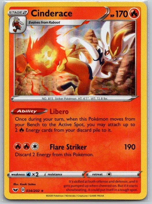 Cinderace 034/202 Holo Rare Sword & Shield Pokemon Near Mint