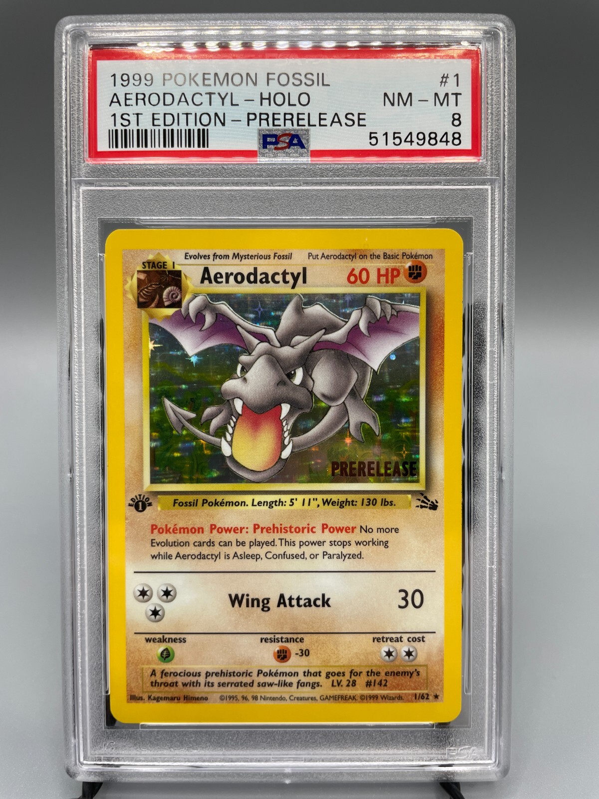 1999 Pokemon Fossil #1 Aerodactyl 1st Edition Prerelease Holo Card PSA 8 NM-MT