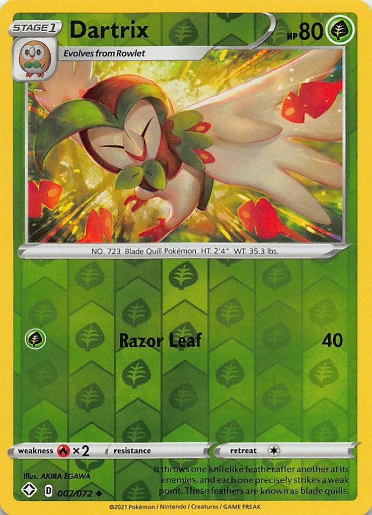 Pokemon Dartrix Uncommon 007/072 Shining Fates Reverse Holofoil NM