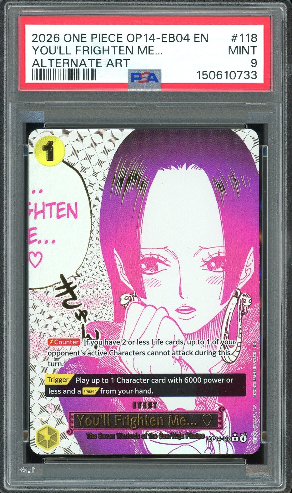 PSA 9 MINT – You’ll Frighten Me #118 One Piece OP14 Azure Sea’s Seven Alt Art