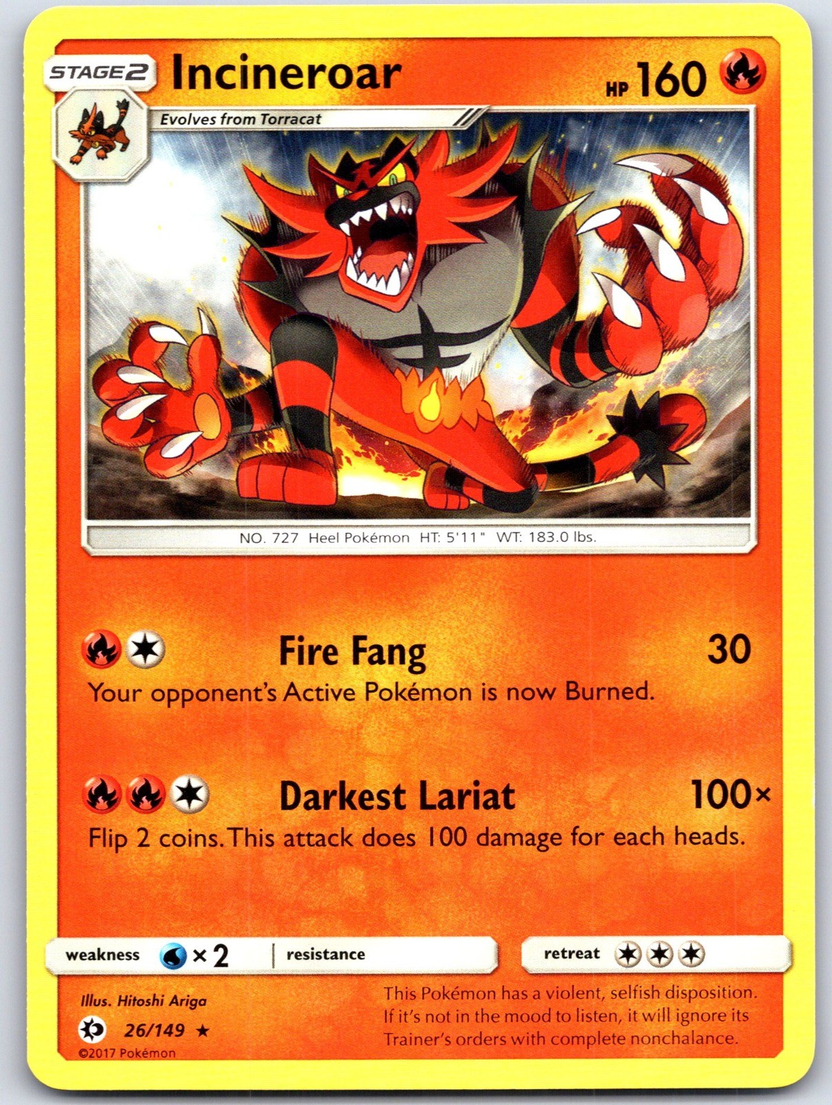 Incineroar 26/149 Non Holo SM Base Set Pokemon 2017 Hitoshi Ariga NM