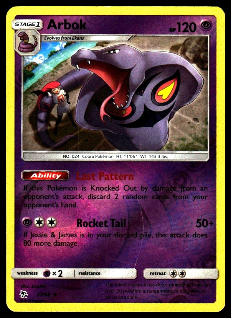 Arbok #27/68 Hidden Fates (REVERSE HOLO) Heavily played – Pokemon Card
