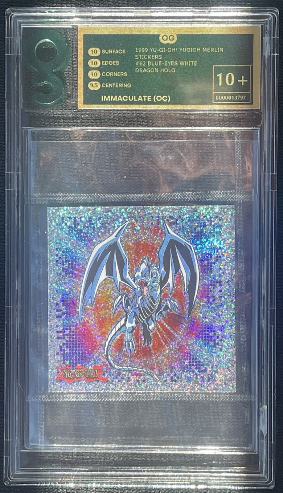 1999 YuGiOh Merlin Sticker #62 Blue-Eyes White Dragon Holo Only Graded OG 10+ OC