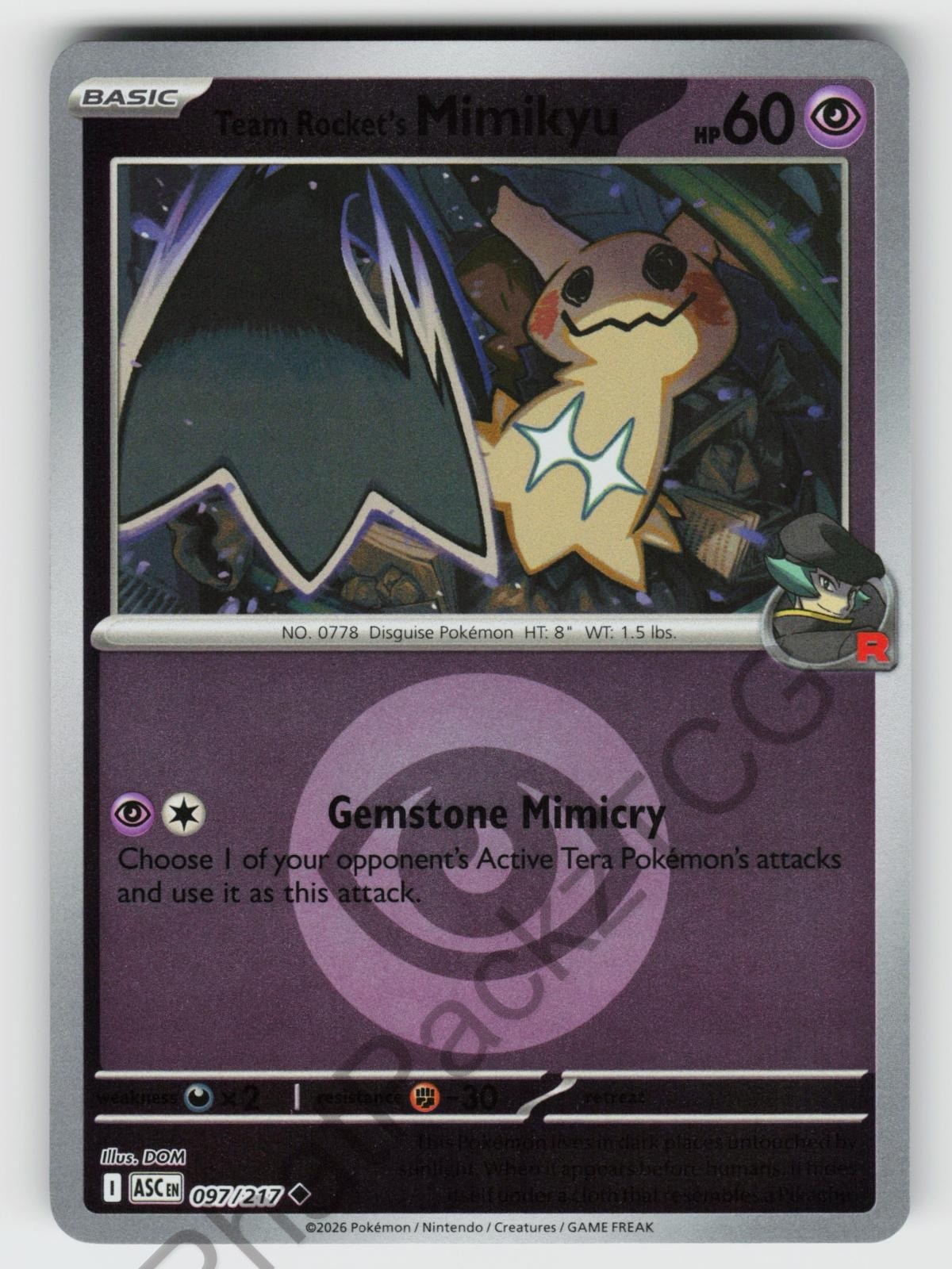 Team Rocket’s Mimikyu (Energy Sym) 097/217 Ascended Heroes Reverse Holo NM/M