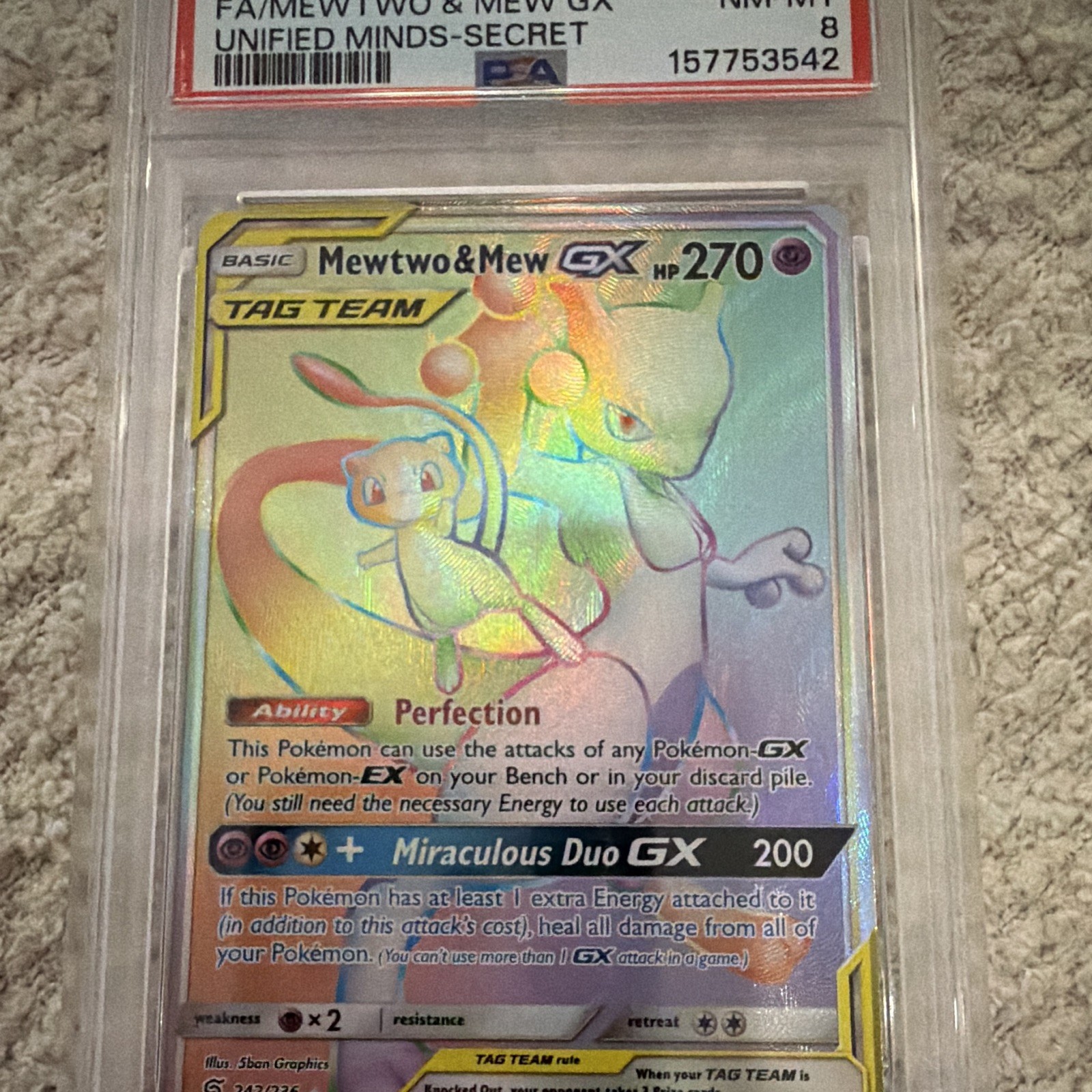 Pokémon Mewtwo & Mew GX Secret Rare FA Holo TAG TEAM 242/236 PSA 8
