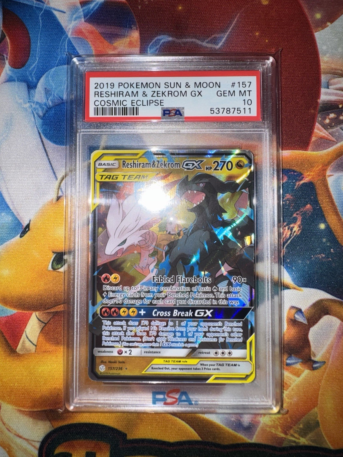 2019 Pokemon Sun & Moon Cosmic Eclipse #157 Reshiram & Zekrom GX [PSA 10]