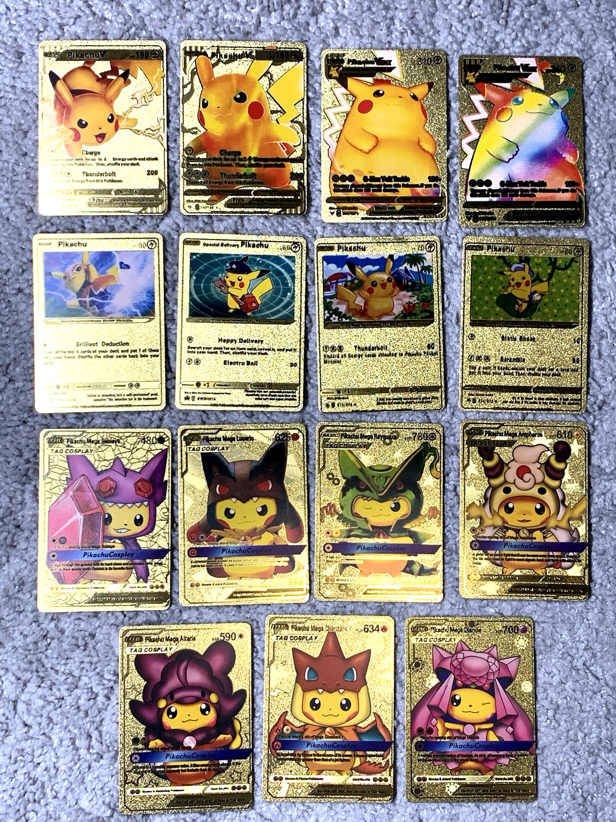 Set of 15 Pika + Complete 7 Card Cosplay Set Gold Foil Fan Art Cards