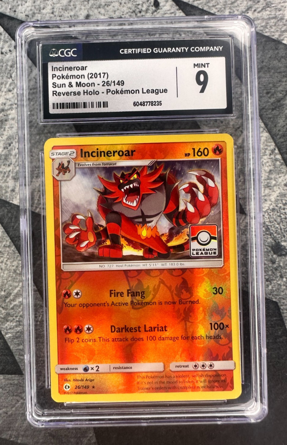 Pokémon TCG Incineroar 26/149 Rare – Pokemon League Promo Sun & Moon 26/149 CGC9