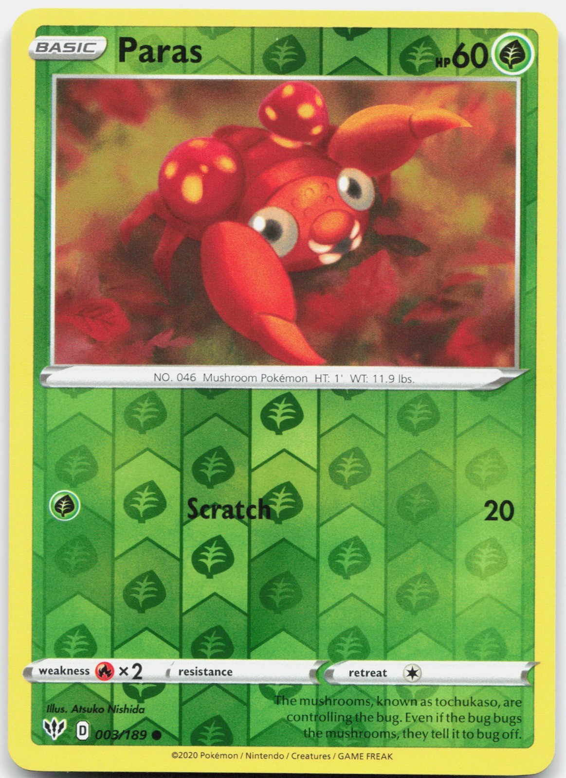 Paras Reverse Holo SWSH03: Darkness Ablaze 003/189 NM Atsuko Nishida