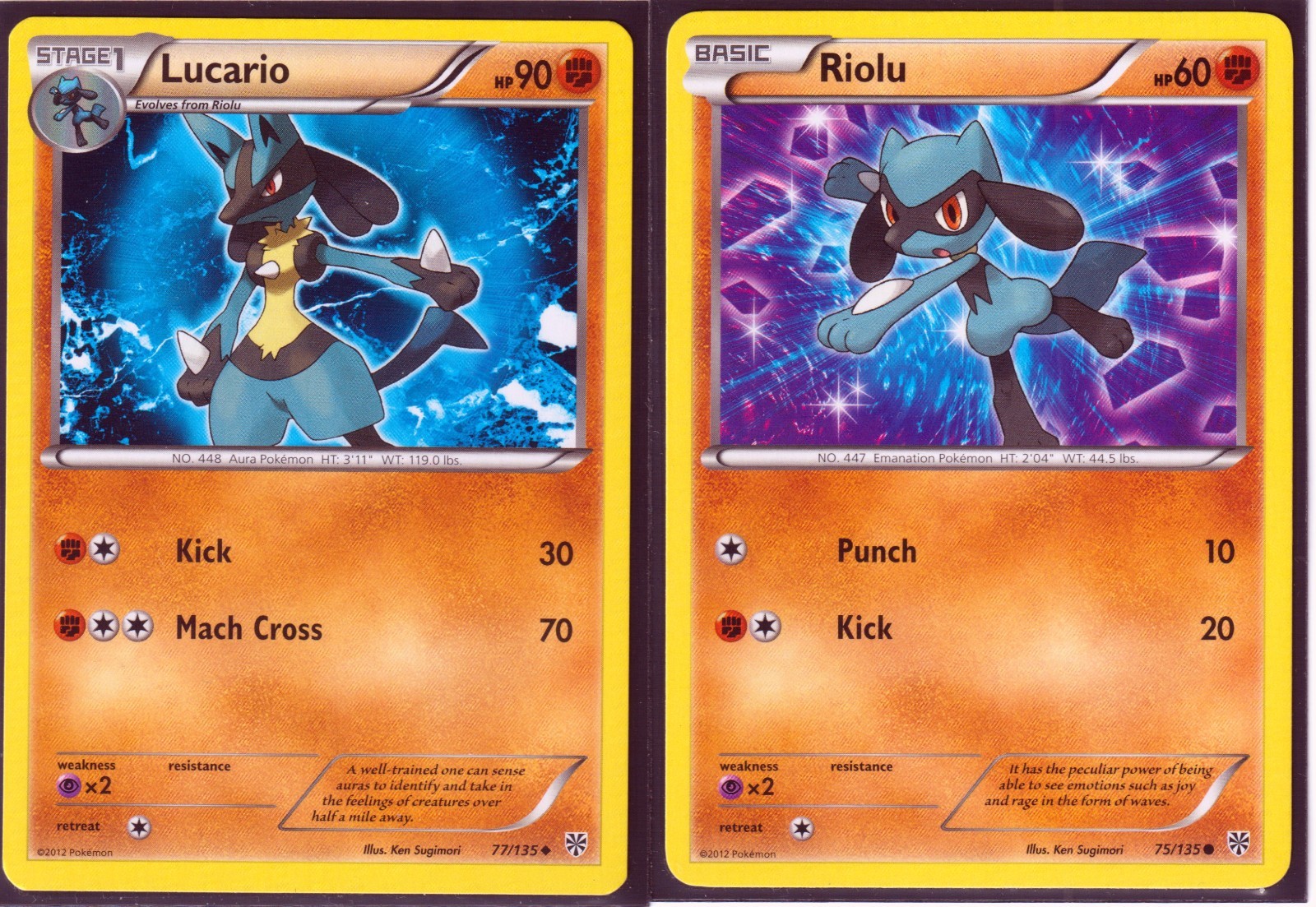 2012 POKEMON RARE LUCARIO 77/135 & RIOLU 75/135 – PLASMA STORM – REGULAR NM