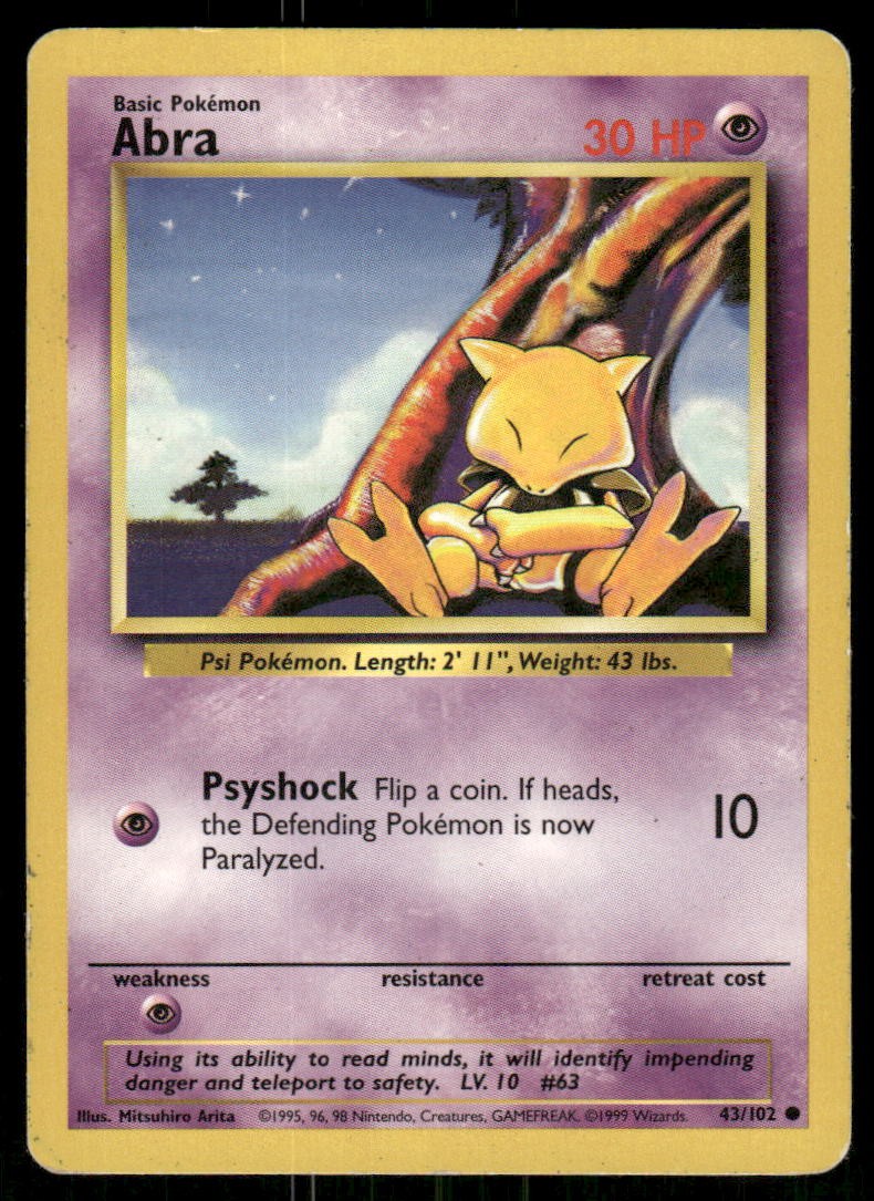 Abra 43/102 Common Base Set Unlimited Pokemon Heavily Played